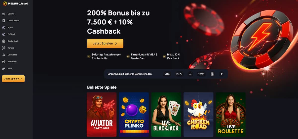 Anonym spielen leicht gemacht: Das Instant Casino setzt auf Krypto, Schnelligkeit und einfache Handhabung. Mit starkem Willkommensbonus und großer Spielauswahl ist der Newcomer eine echte Empfehlung.