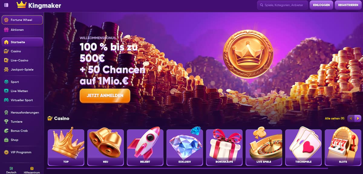 Kingmaker bietet Datenschutz, Top-Spiele von Anbietern wie Pragmatic Play und NetEnt sowie exzellenten Spielerschutz. Sicher, vielfältig und ideal für verantwortungsbewusste Spieler.